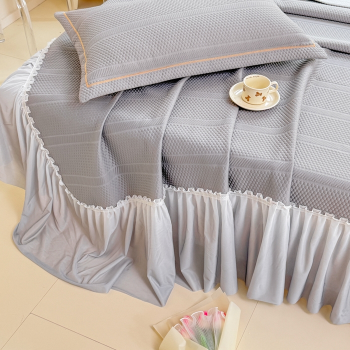 91家纺网 家纺一手货源 找家纺 慧菲 2025新款渐变床裙PE高分子凉感席床裙凉席三件套  高级灰