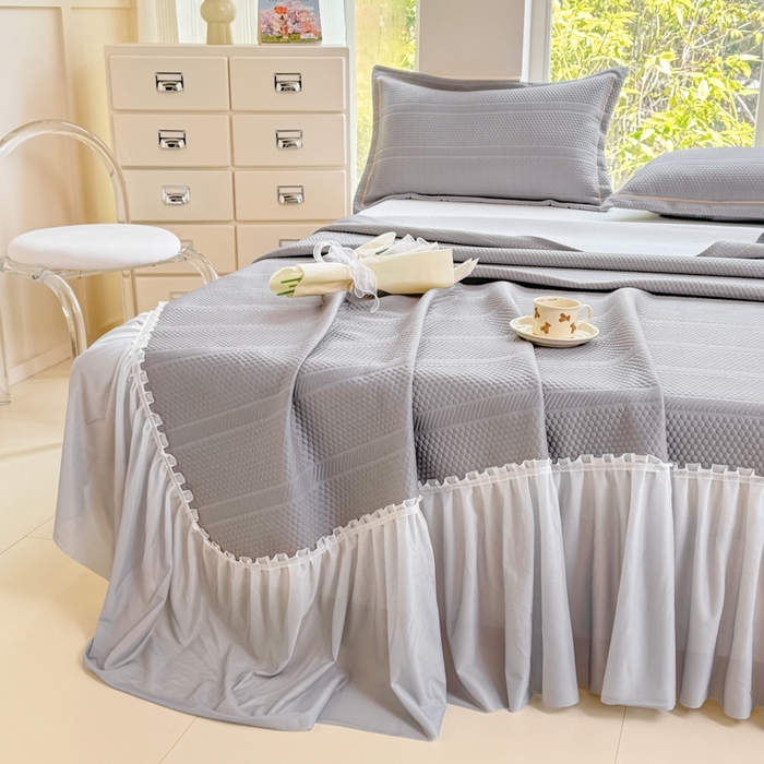91家纺网 家纺一手货源 找家纺 慧菲 2025新款渐变床裙PE高分子凉感席床裙凉席三件套  高级灰