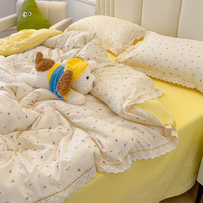 91家纺网 家纺一手货源 找家纺 竹合家纺 2025新款云感皱皱四件套-镂空花边款法式 花边款-芝士奶酪