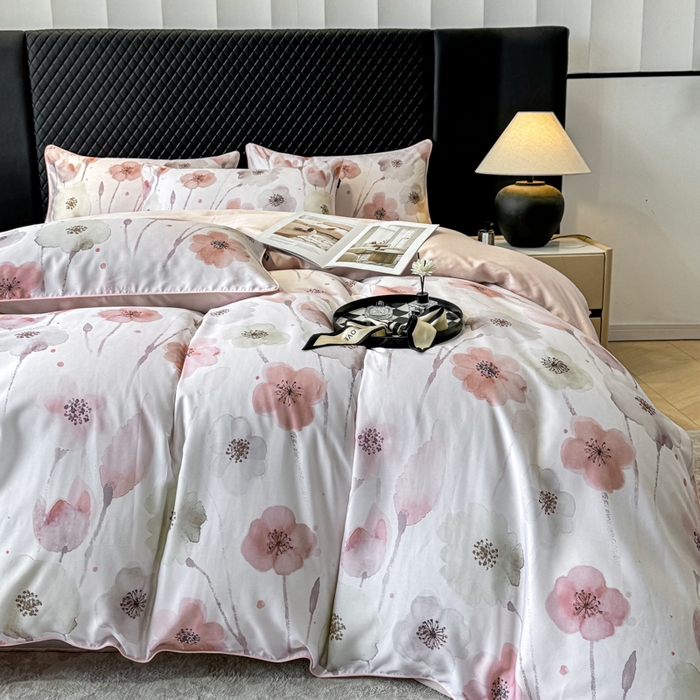 91家纺网 家纺一手货源 找家纺 芊寻家居 2025春夏新款50支莱赛尔天丝贡缎数码印花麻绳款四件套高端礼盒 花仙子粉