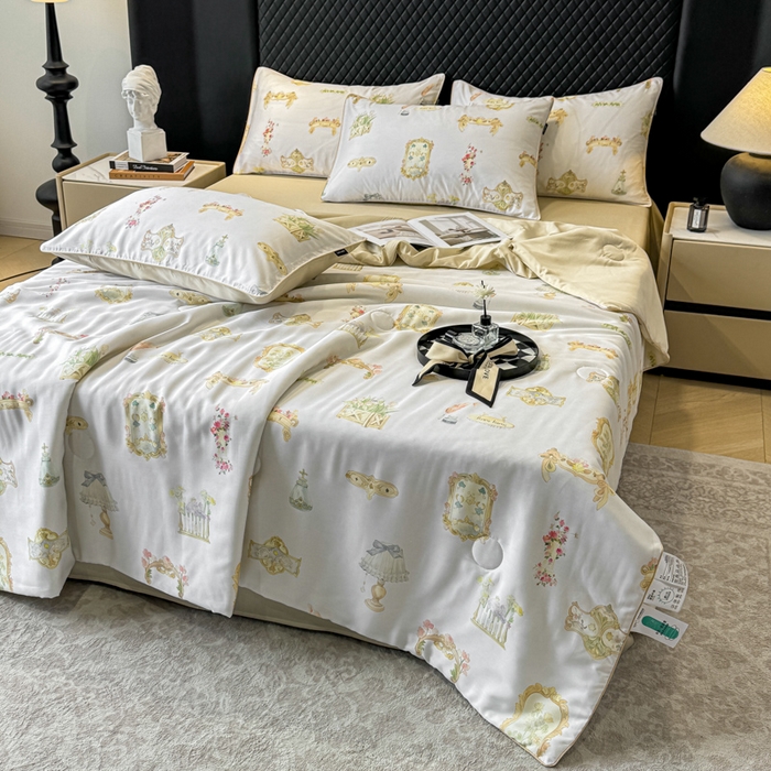 91家纺网 家纺一手货源 找家纺 芊寻家居 2025春夏新款50支莱赛尔天丝贡缎数码印花麻绳款四件套高端礼盒 洛丽塔米