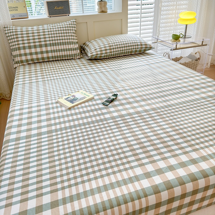 91家纺网 家纺一手货源 找家纺 2025新款老粗布三件套-床笠款 绿格