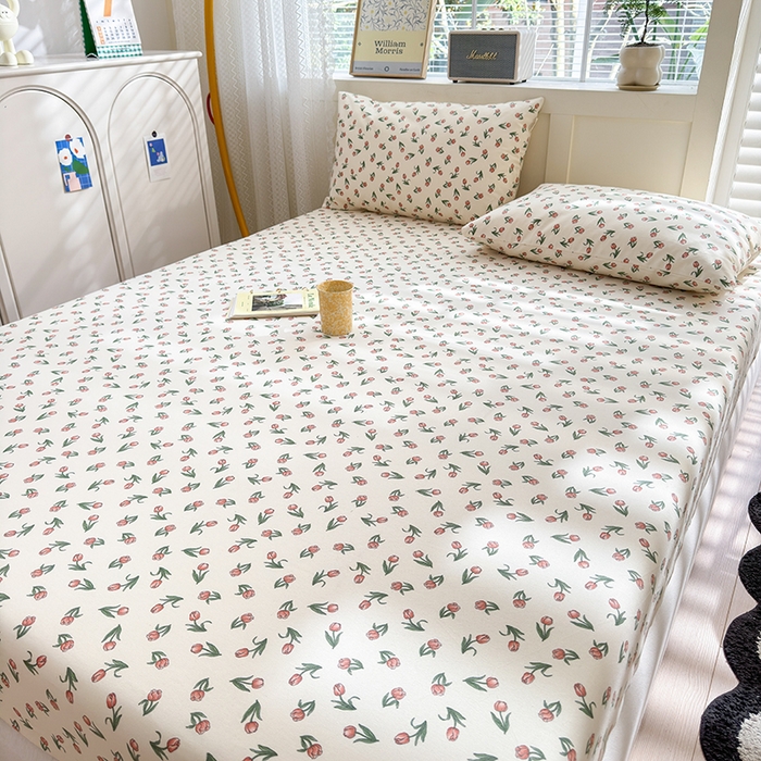 91家纺网 家纺一手货源 找家纺 2025新款老粗布三件套-床笠款 朵朵郁金香