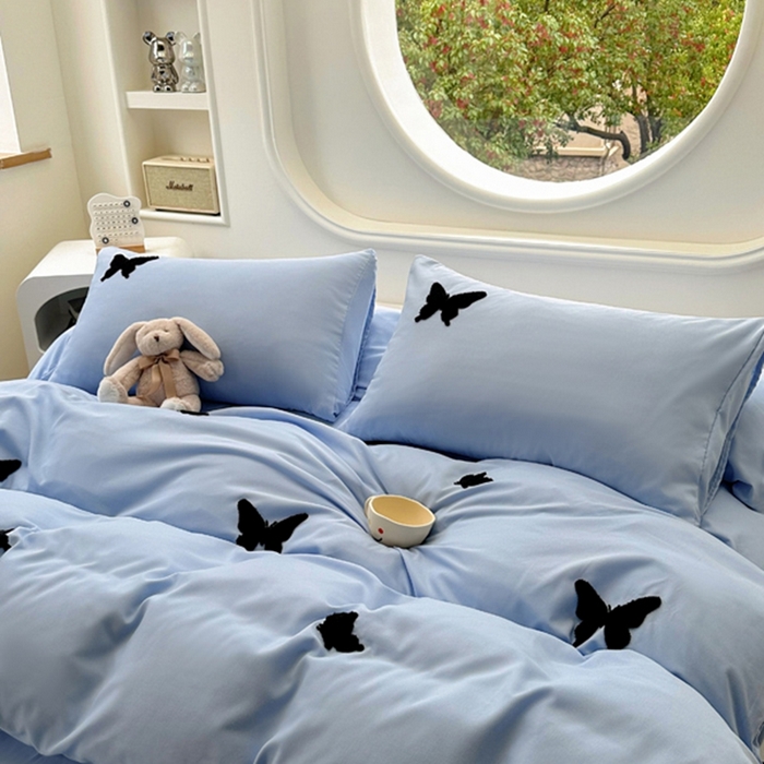91家纺网 家纺一手货源 找家纺 迪拜家纺 2025新款加厚水洗棉四件套-蝴蝶 蝴蝶-蓝