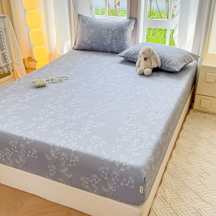 91家纺网 家纺一手货源 找家纺 2025新款老粗布三件套-床笠款 叶相思