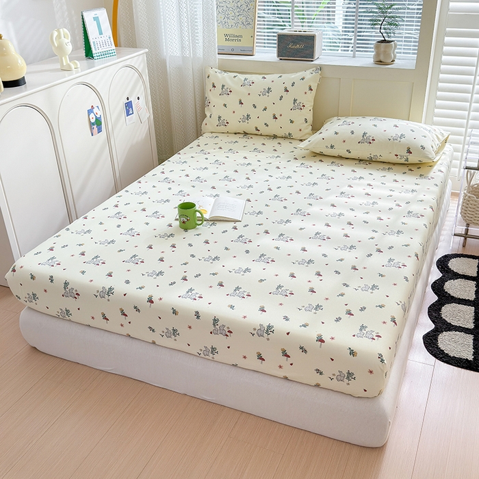 91家纺网 家纺一手货源 找家纺 2025新款老粗布三件套-床笠款 花园兔