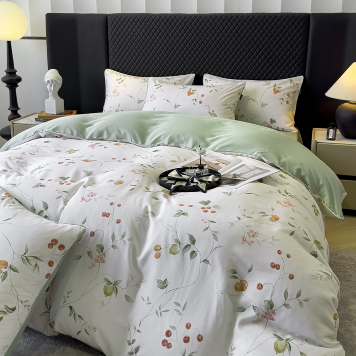 91家纺网 家纺一手货源 找家纺 芊寻家居 2025春夏新款50支莱赛尔天丝贡缎数码印花麻绳款四件套高端礼盒 果蔓白