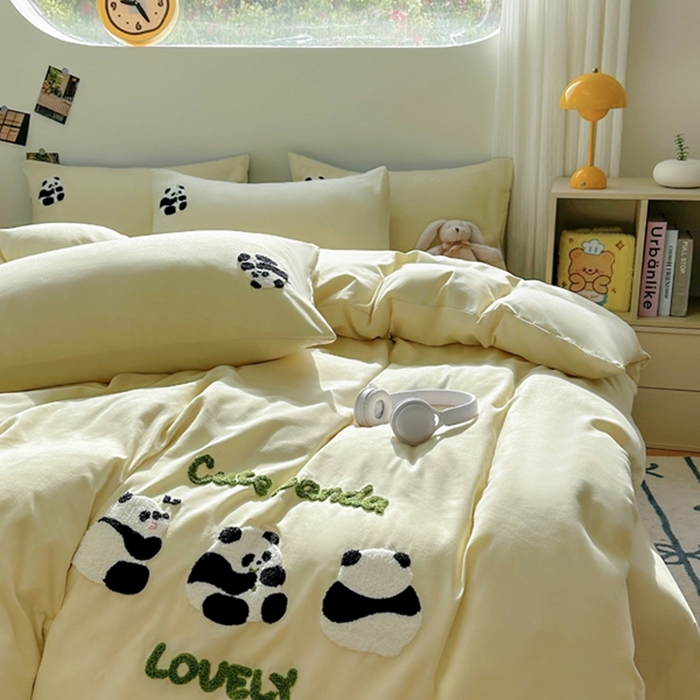 91家纺网 家纺一手货源 找家纺 易展家居 2025新款加厚水洗棉四件套-熊猫 春黄