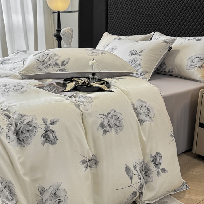 91家纺网 家纺一手货源 找家纺 芊寻家居 2025春夏新款50支莱赛尔天丝贡缎数码印花麻绳款四件套高端礼盒 瑰丽灰