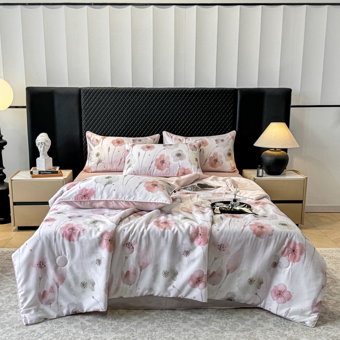 91家纺网 家纺一手货源 找家纺 洺兰家居 2025春夏新款100支莱赛尔天丝贡缎数码印花麻绳款四件套高端礼盒 花仙子粉