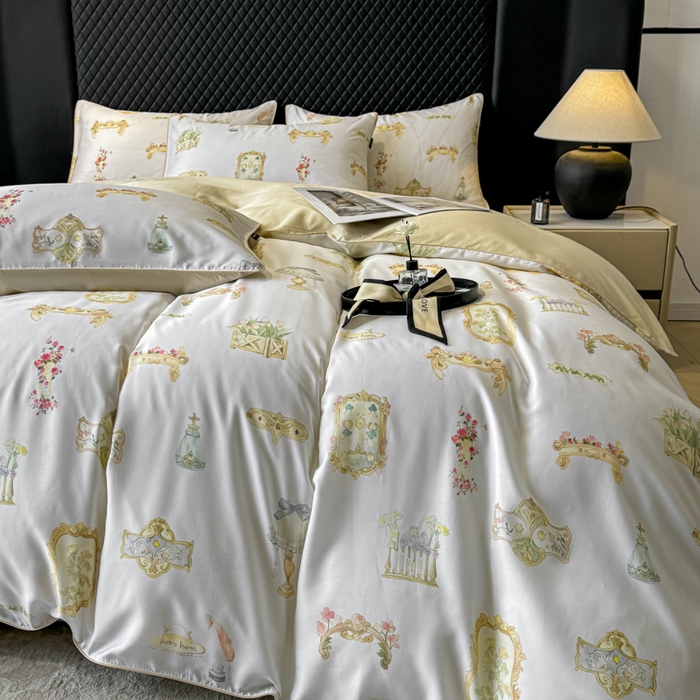 91家纺网 家纺一手货源 找家纺 芊寻家居 2025春夏新款50支莱赛尔天丝贡缎数码印花麻绳款四件套高端礼盒 洛丽塔米