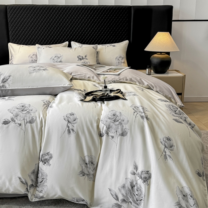 91家纺网 家纺一手货源 找家纺 芊寻家居 2025春夏新款50支莱赛尔天丝贡缎数码印花麻绳款四件套高端礼盒 瑰丽灰