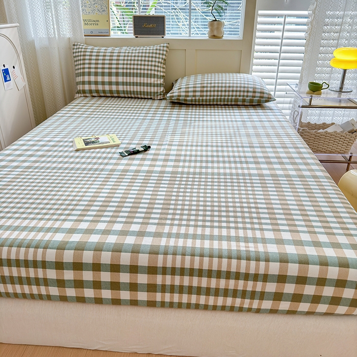 91家纺网 家纺一手货源 找家纺 2025新款老粗布三件套-床笠款 绿格