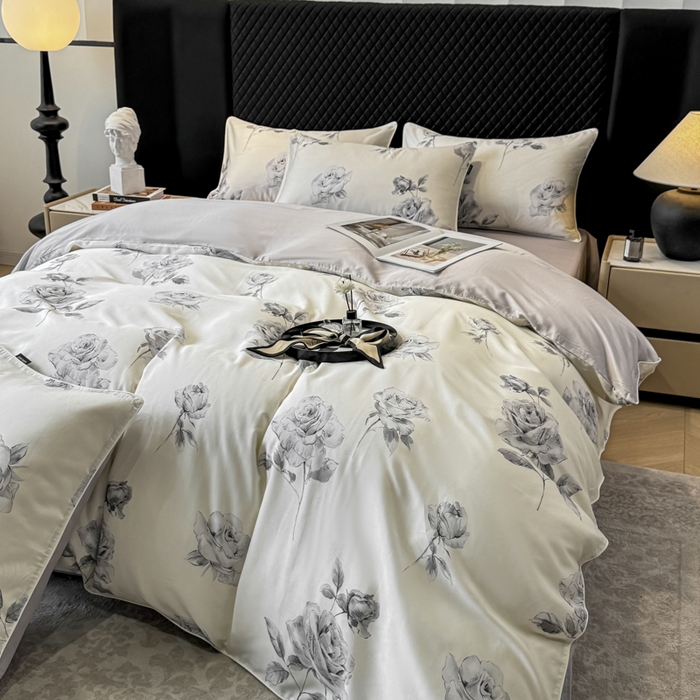 91家纺网 家纺一手货源 找家纺 芊寻家居 2025春夏新款50支莱赛尔天丝贡缎数码印花麻绳款四件套高端礼盒 瑰丽灰