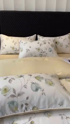 91家纺网 家纺一手货源 找家纺 洺兰家居 2025春夏新款100支莱赛尔天丝贡缎数码印花麻绳款四件套高端礼盒 花意盈香灰