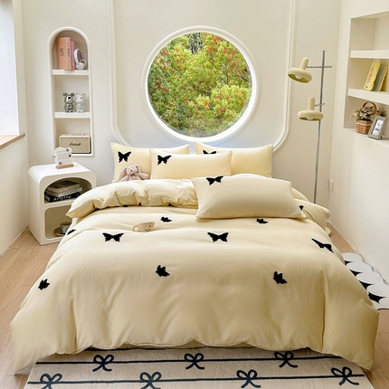 91家纺网 家纺一手货源 找家纺 易展家居 2025新款加厚水洗棉四件套-蝴蝶 蝴蝶-黄