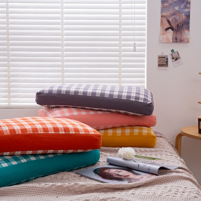 91家纺网 家纺一手货源 找家纺 明星枕业 2025新款水洗棉格子长方枕荞麦枕 布丁格湖蓝30*60/只