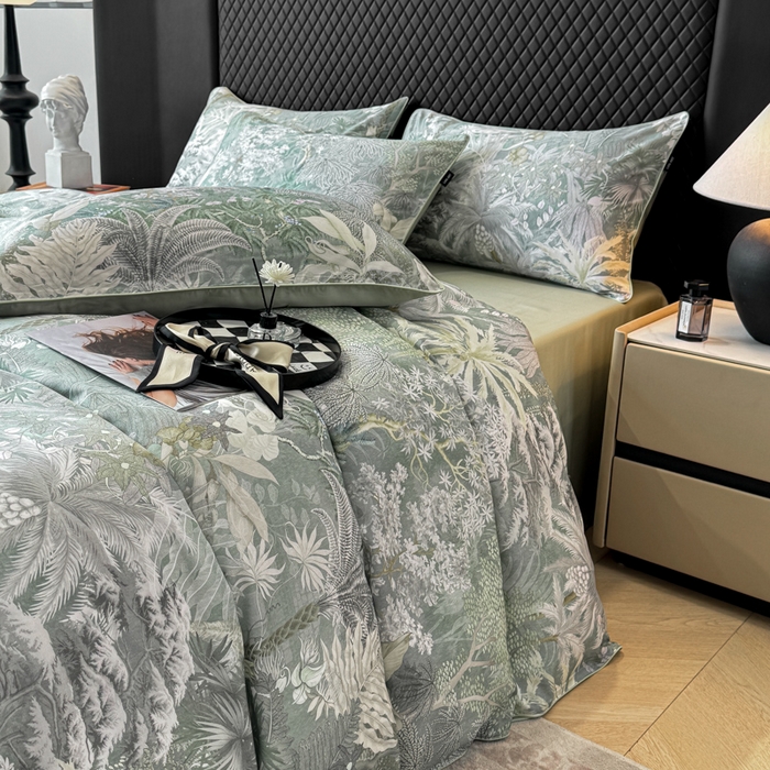 91家纺网 家纺一手货源 找家纺 洺兰家居 2025春夏新款100支莱赛尔天丝贡缎数码印花麻绳款四件套高端礼盒 阡陌丛林灰