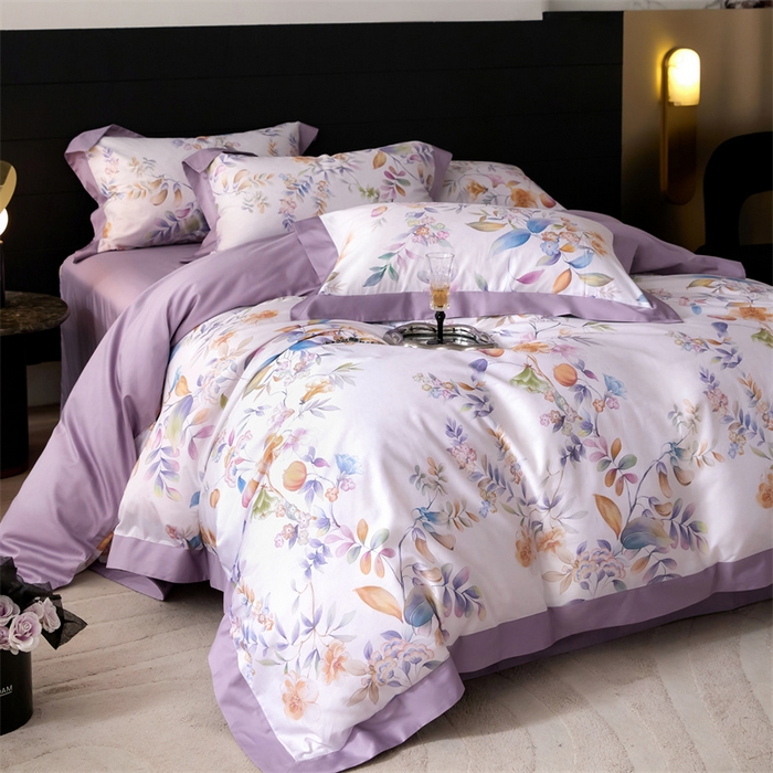 91家纺网 家纺一手货源 找家纺 宏羽纺家纺 2025年高支高密大版数码印花春夏新品 花家境-风铃紫