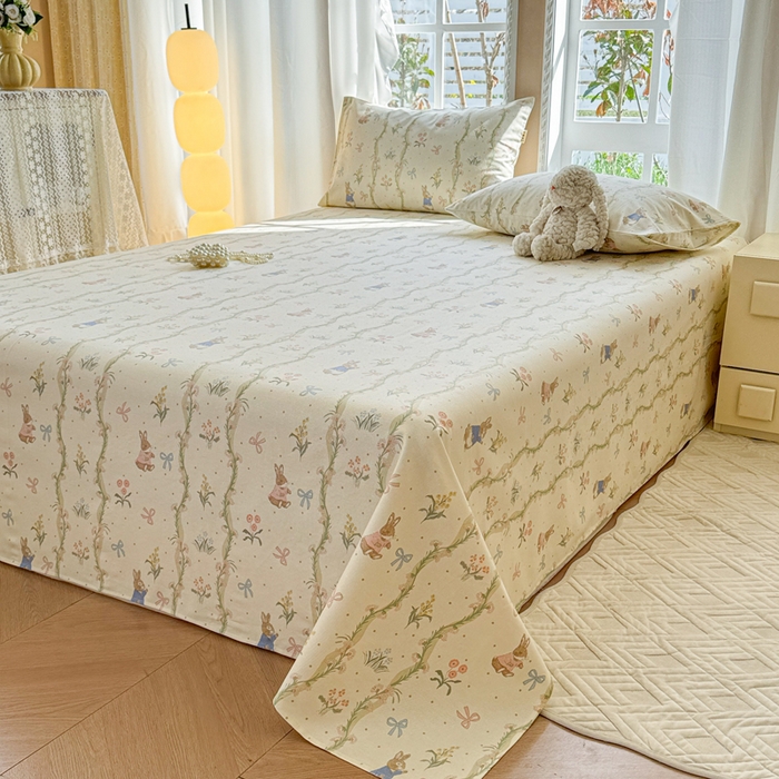 91家纺网 家纺一手货源 找家纺 吉象家纺 2025新款老粗布三件套-床单款 蔓藤兔