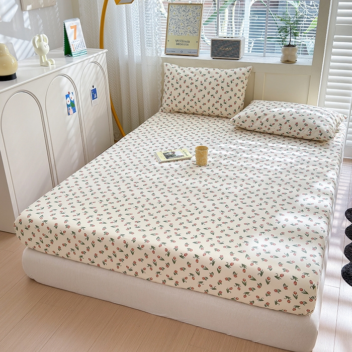 91家纺网 家纺一手货源 找家纺 2025新款老粗布三件套-床笠款 朵朵郁金香