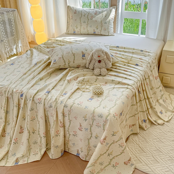 91家纺网 家纺一手货源 找家纺 吉象家纺 2025新款老粗布三件套-床单款 蔓藤兔