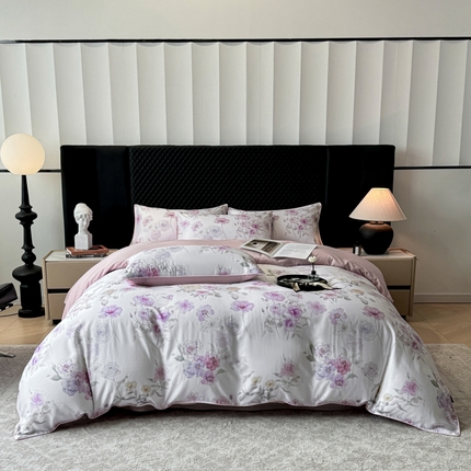 芊寻家居 2025春夏新款50支莱赛尔天丝贡缎数码印花麻绳款四件套高端礼盒 春晓紫