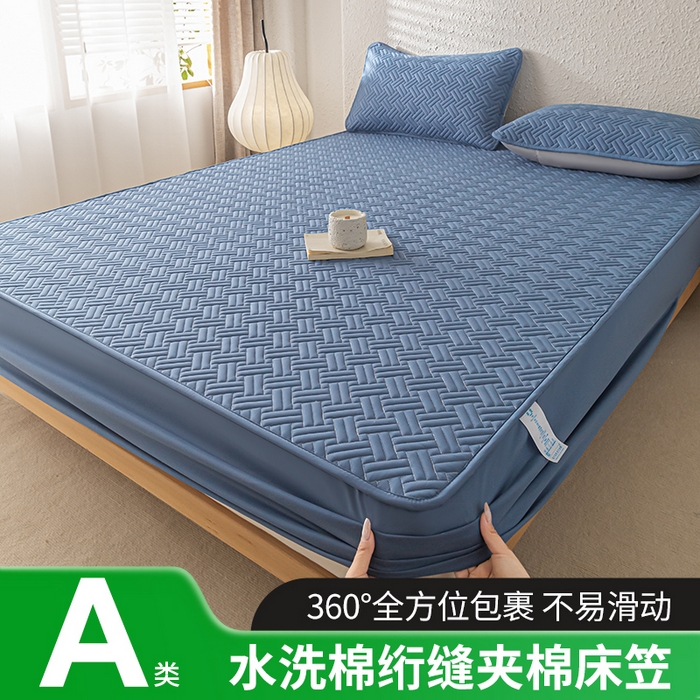 91家纺网 家纺一手货源 找家纺 欧邦 2025新款四季款纯色水洗棉夹棉床笠床垫保护罩-场景一 条格-宝蓝