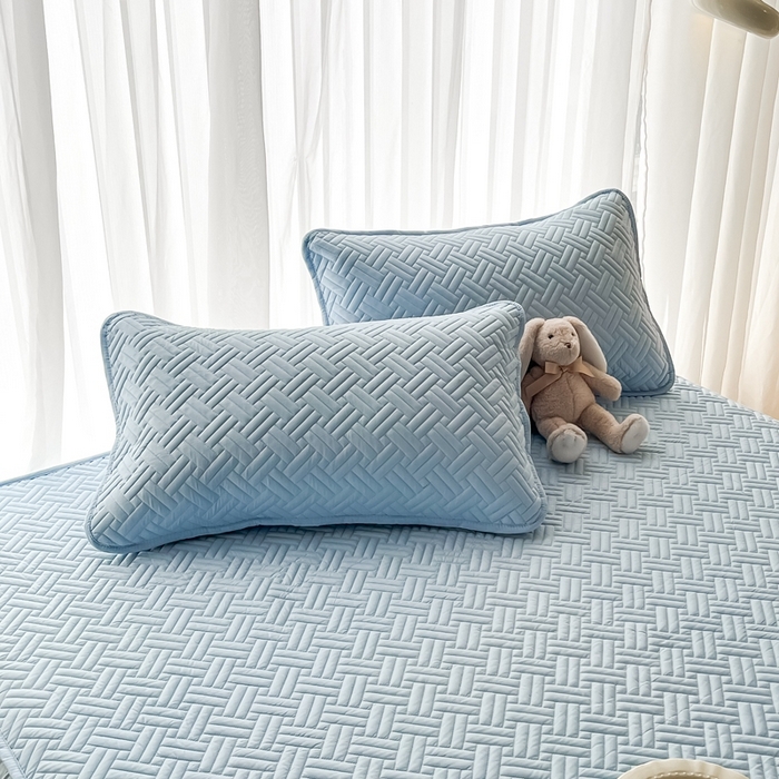 91家纺网 家纺一手货源 找家纺 欧邦 2025新款四季款纯色水洗棉夹棉床笠床垫保护罩-场景二 条格-天蓝