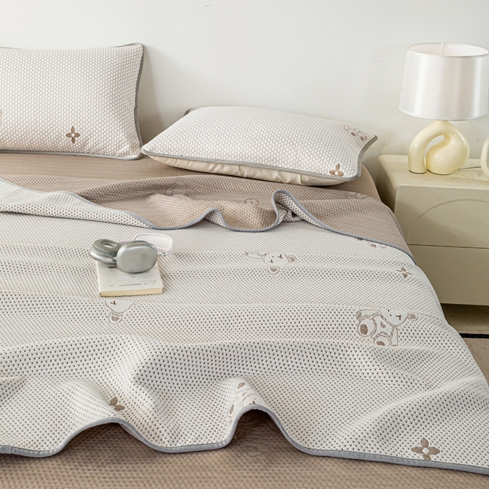 91家纺网 家纺一手货源 找家纺 梦初语 2025新款A类华夫格冰豆豆夏被子针织提花凉感夏凉被单双人空调被可机水洗 轻奢小熊-棕