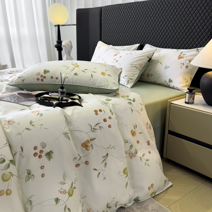 91家纺网 家纺一手货源 找家纺 芊寻家居 2025春夏新款50支莱赛尔天丝贡缎数码印花麻绳款四件套高端礼盒 果蔓白