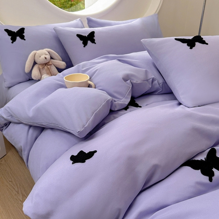 91家纺网 家纺一手货源 找家纺 迪拜家纺 2025新款加厚水洗棉四件套-蝴蝶 蝴蝶-紫