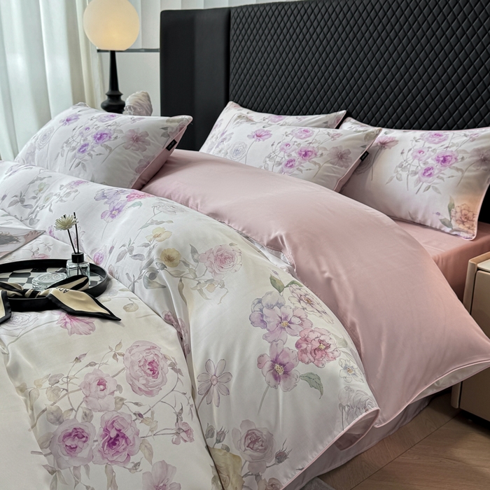 91家纺网 家纺一手货源 找家纺 芊寻家居 2025春夏新款50支莱赛尔天丝贡缎数码印花麻绳款四件套高端礼盒 春晓紫