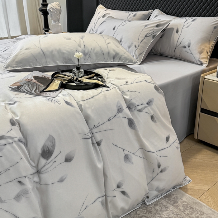 91家纺网 家纺一手货源 找家纺 芊寻家居 2025春夏新款50支莱赛尔天丝贡缎数码印花麻绳款四件套高端礼盒 静谧灰