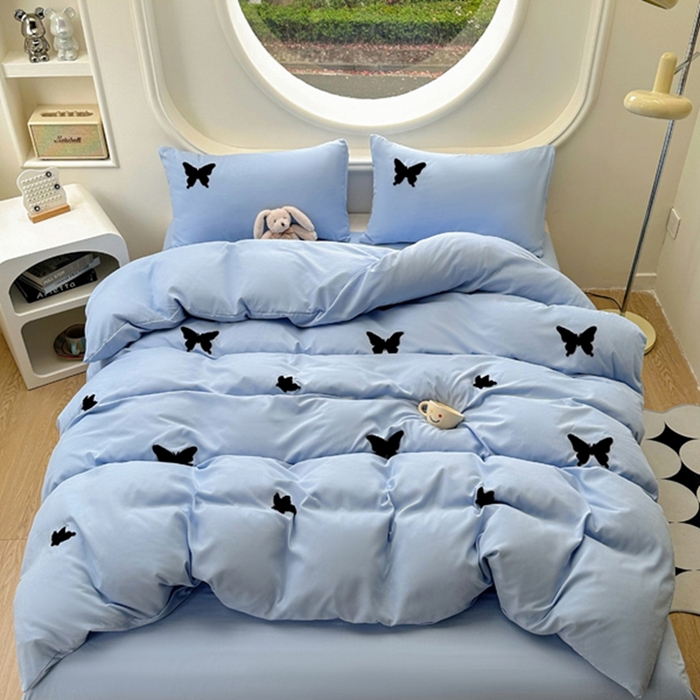 91家纺网 家纺一手货源 找家纺 迪拜家纺 2025新款加厚水洗棉四件套-蝴蝶 蝴蝶-蓝