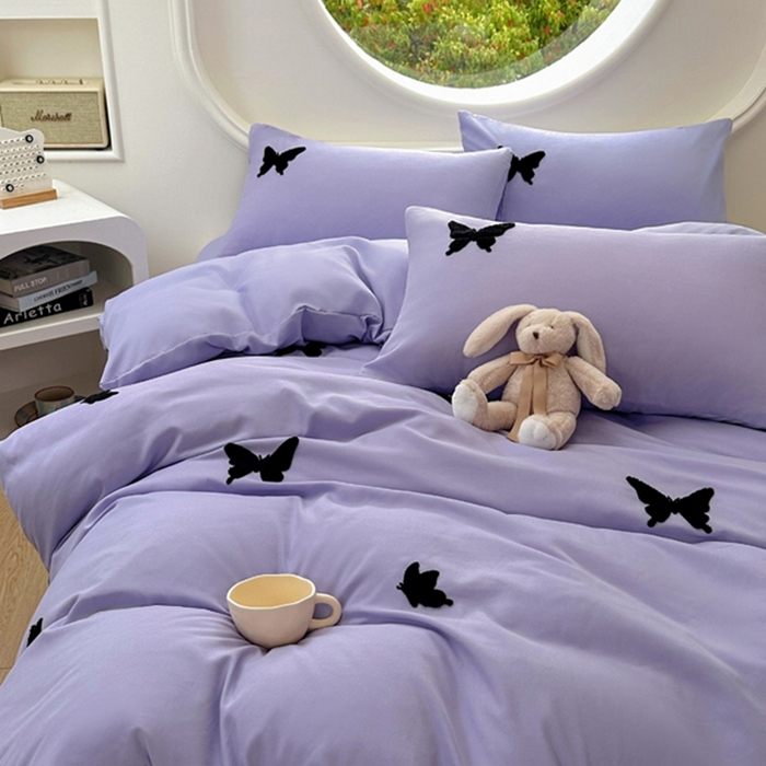 91家纺网 家纺一手货源 找家纺 迪拜家纺 2025新款加厚水洗棉四件套-蝴蝶 蝴蝶-紫