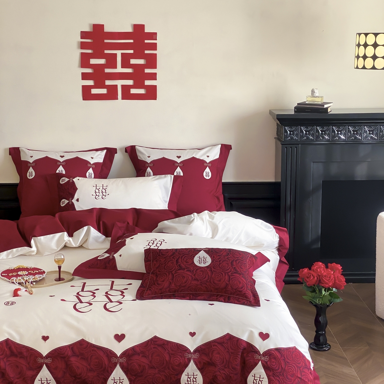 91家纺网 家纺一手货源 找家纺 （总）江涞 2025新款婚庆长绒棉纯棉贴布绣四件套-锦心