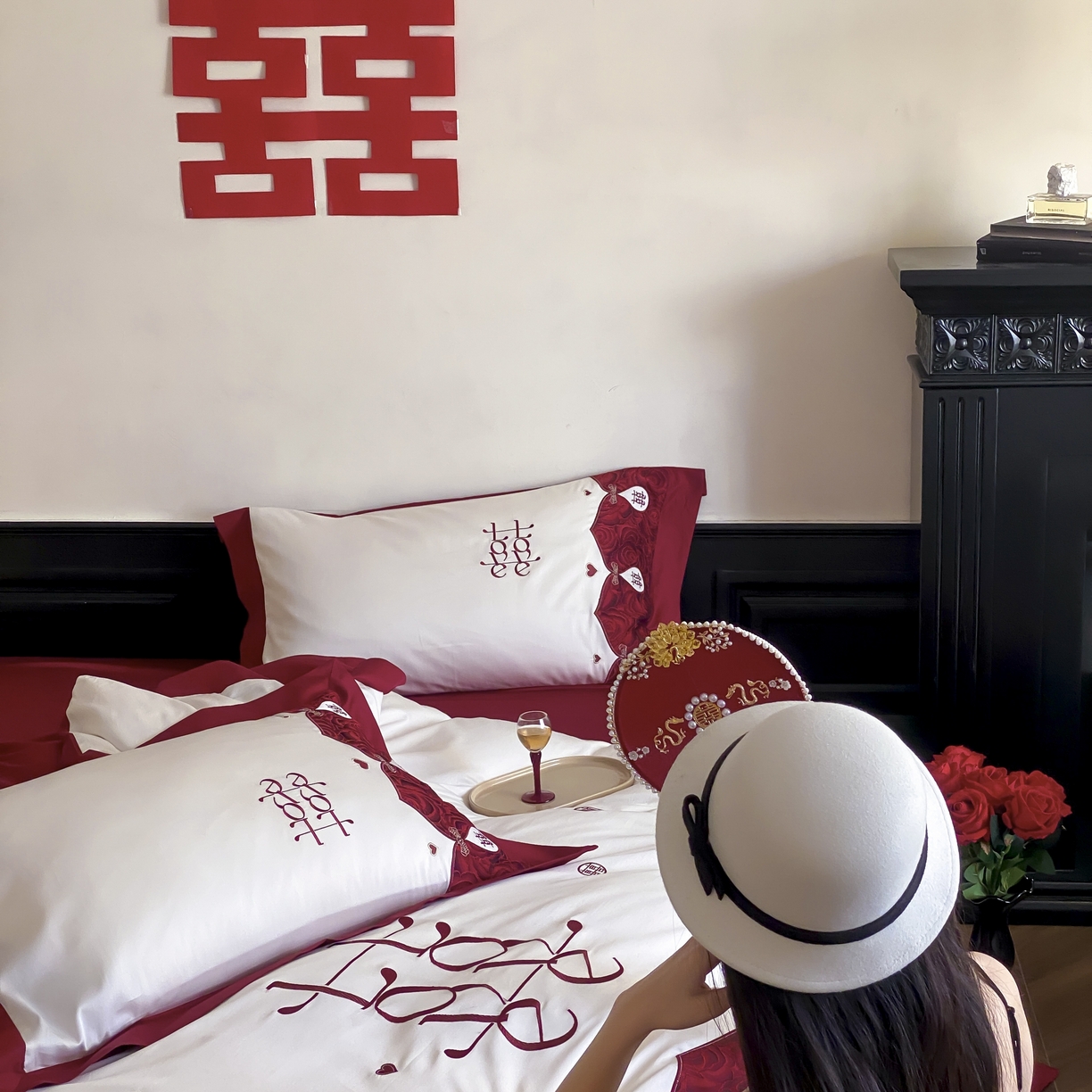 91家纺网 家纺一手货源 找家纺 （总）江涞 2025新款婚庆长绒棉纯棉贴布绣四件套-锦心