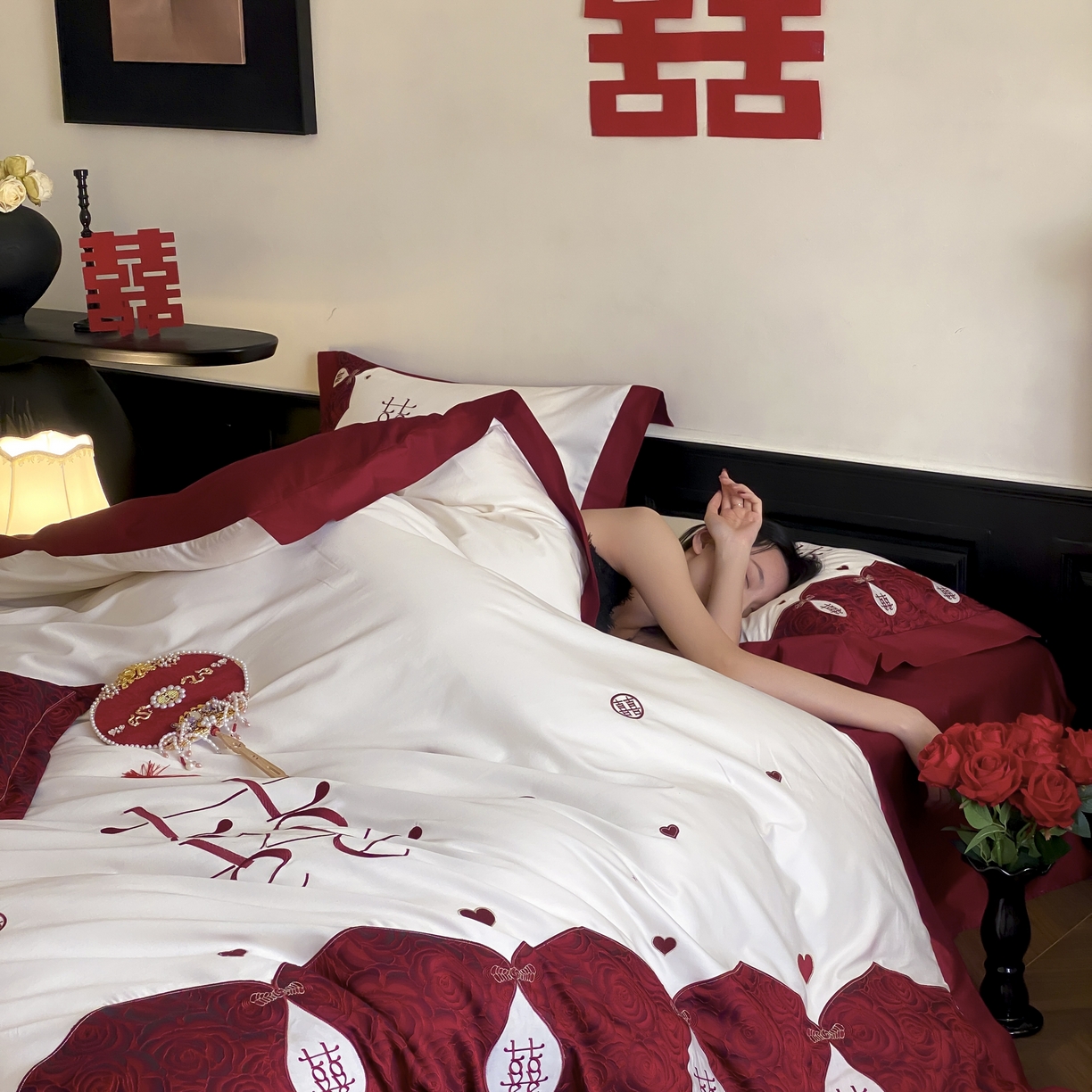 91家纺网 家纺一手货源 找家纺 （总）江涞 2025新款婚庆长绒棉纯棉贴布绣四件套-锦心