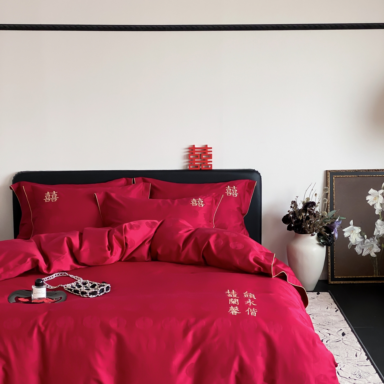 91家纺网 家纺一手货源 找家纺 （总）江涞 2025新款婚庆长绒棉纯棉提花宽边四件套-福鸳