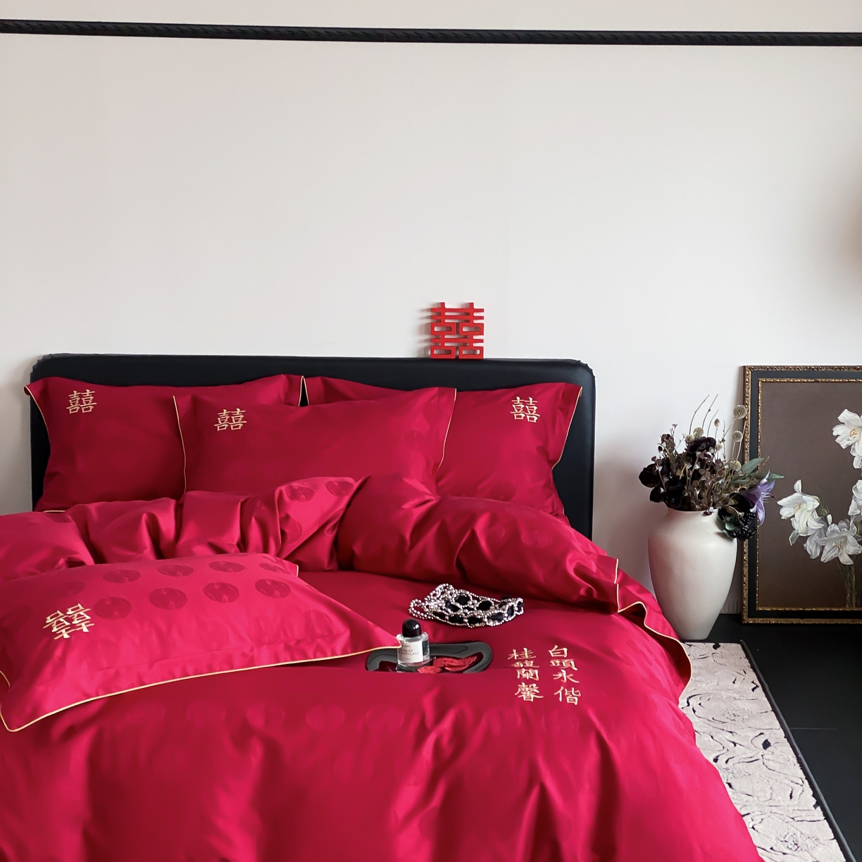 91家纺网 家纺一手货源 找家纺 （总）江涞 2025新款婚庆长绒棉纯棉提花宽边四件套-福鸳