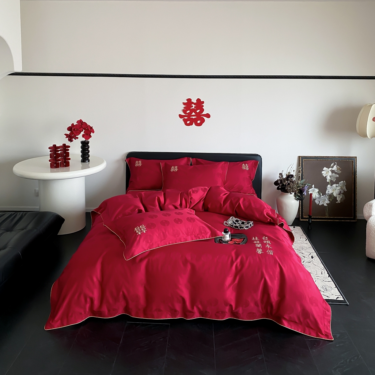 91家纺网 家纺一手货源 找家纺 （总）江涞 2025新款婚庆长绒棉纯棉提花宽边四件套-福鸳