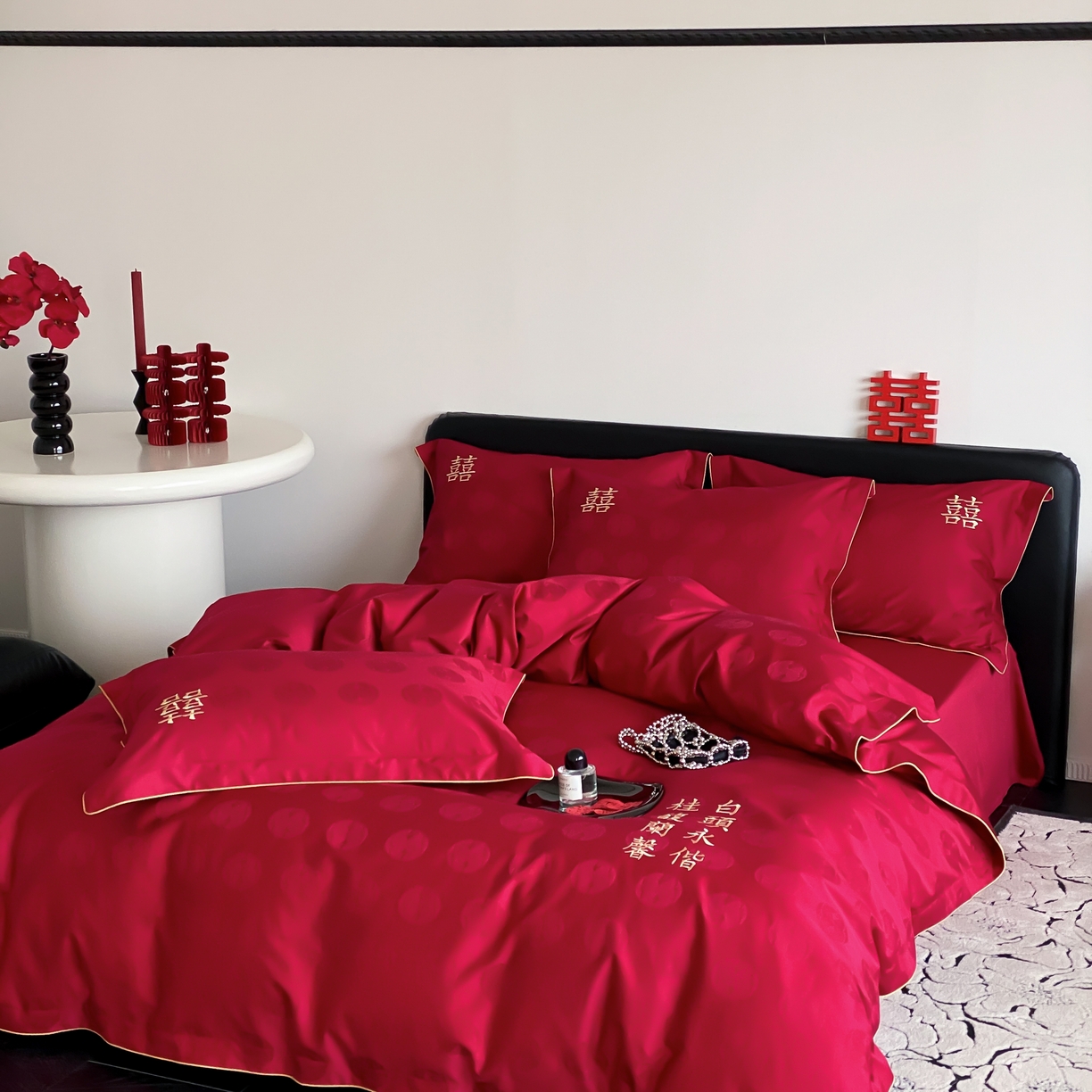 91家纺网 家纺一手货源 找家纺 （总）江涞 2025新款婚庆长绒棉纯棉提花宽边四件套-福鸳