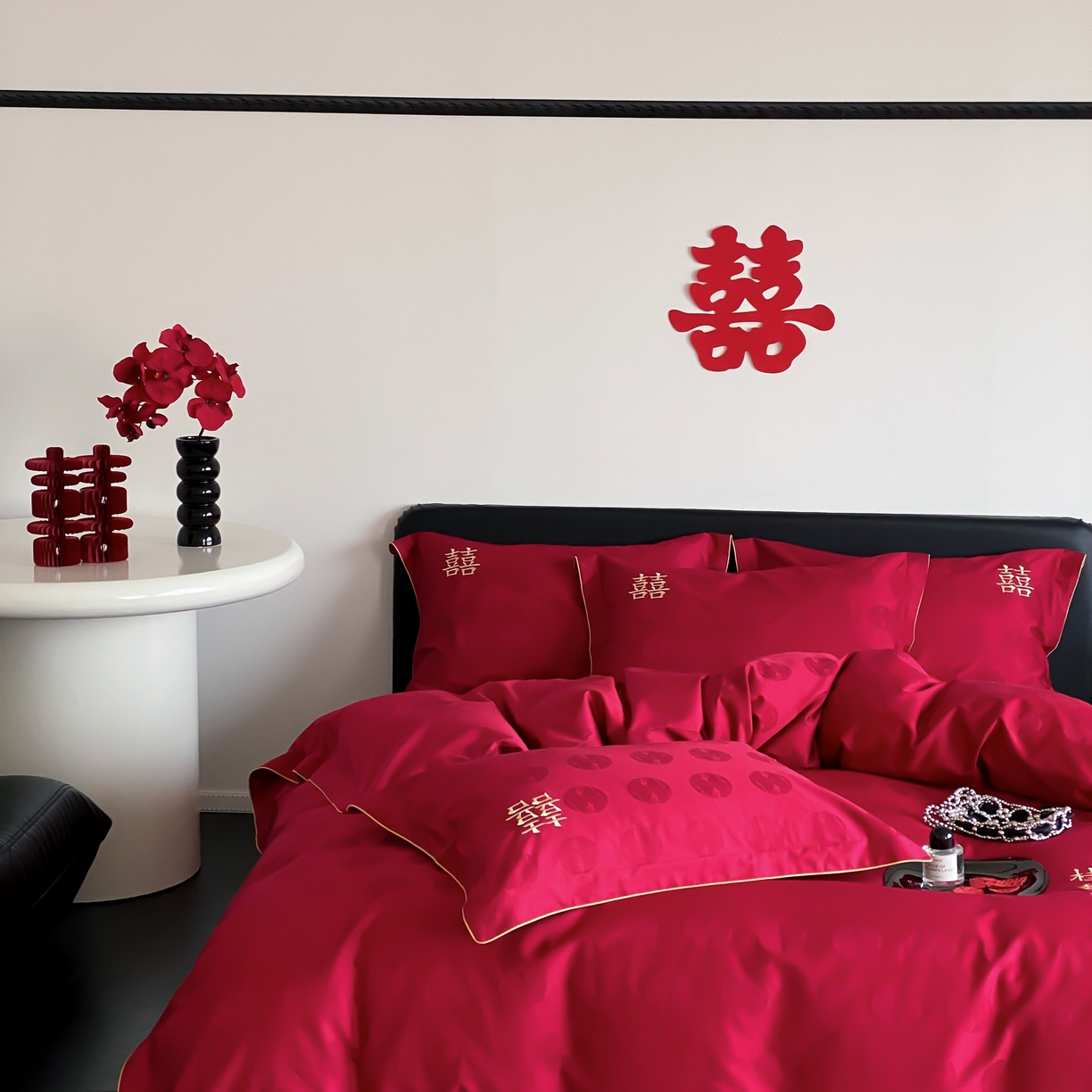 91家纺网 家纺一手货源 找家纺 （总）江涞 2025新款婚庆长绒棉纯棉提花宽边四件套-福鸳