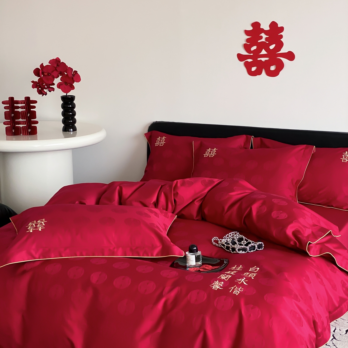 91家纺网 家纺一手货源 找家纺 （总）江涞 2025新款婚庆长绒棉纯棉提花宽边四件套-福鸳