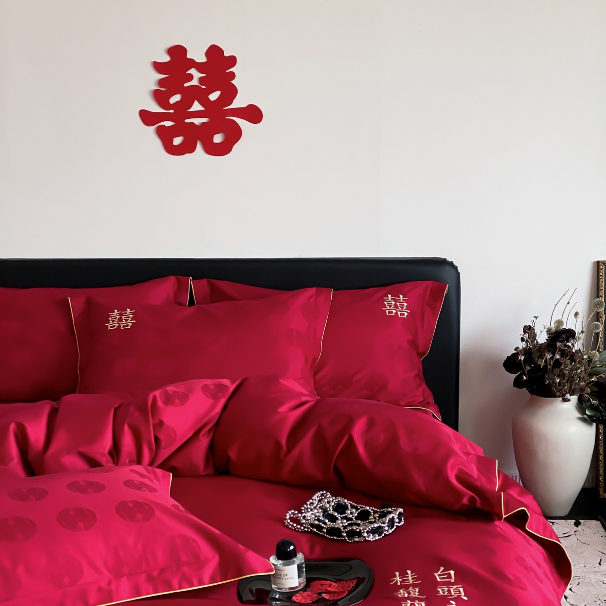 91家纺网 家纺一手货源 找家纺 （总）江涞 2025新款婚庆长绒棉纯棉提花宽边四件套-福鸳