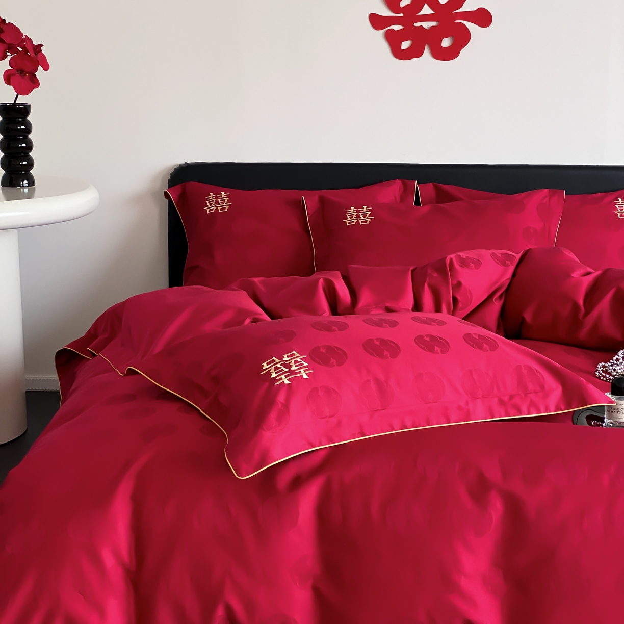 91家纺网 家纺一手货源 找家纺 （总）江涞 2025新款婚庆长绒棉纯棉提花宽边四件套-福鸳