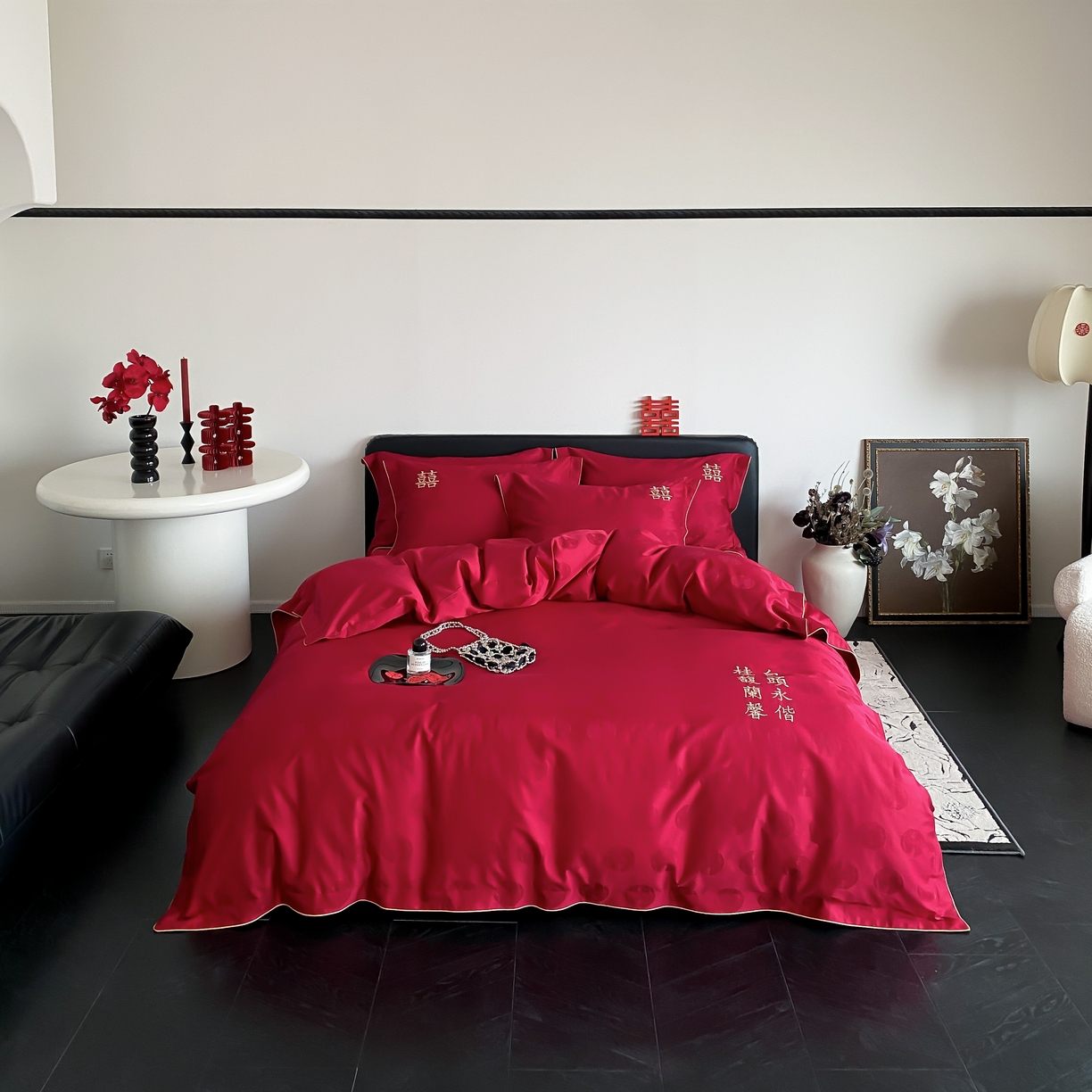 91家纺网 家纺一手货源 找家纺 （总）江涞 2025新款婚庆长绒棉纯棉提花宽边四件套-福鸳