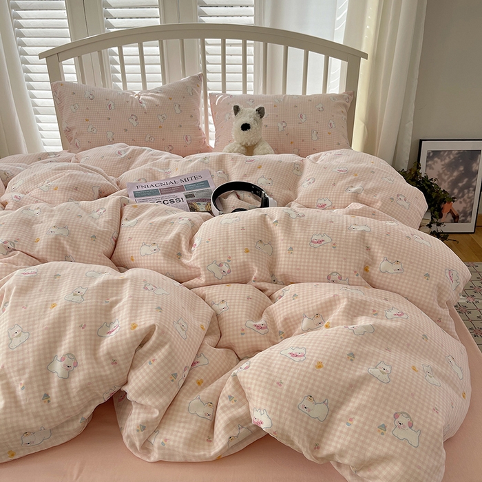 91家纺网 家纺一手货源 找家纺 瑞莱 2025夏季新款全棉纯棉有氧双层纱四件套 格子狗（粉）