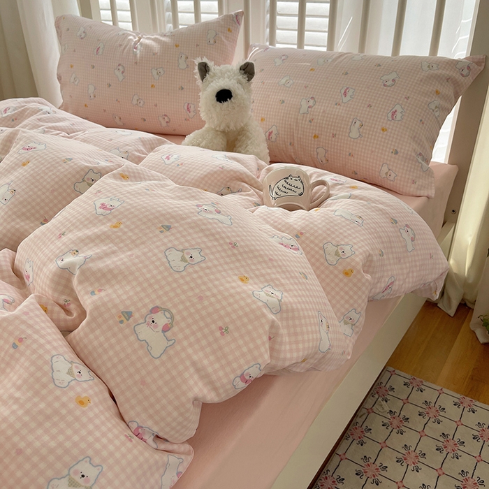 91家纺网 家纺一手货源 找家纺 瑞莱 2025夏季新款全棉纯棉有氧双层纱四件套 格子狗（粉）